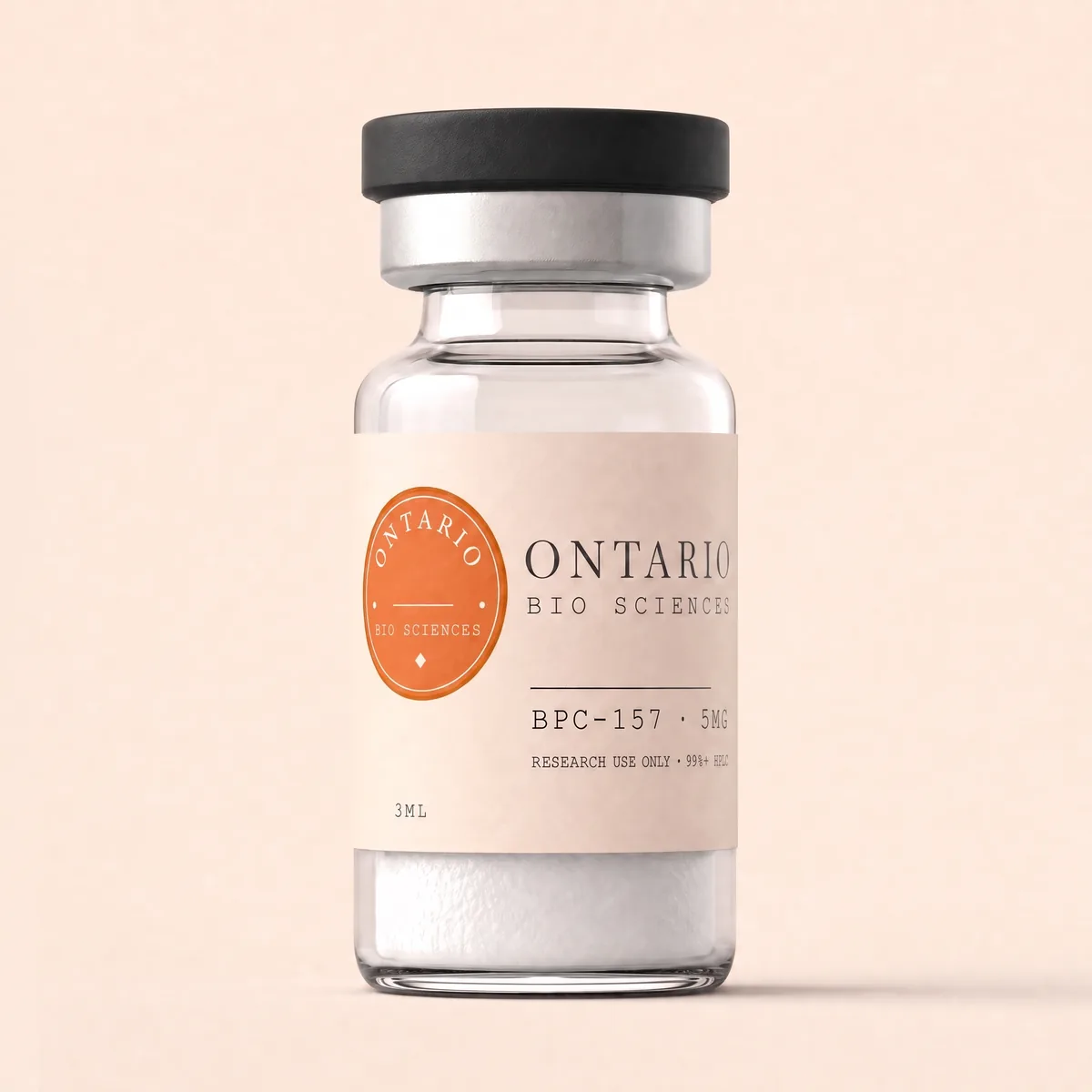 Ontario Bio Sciences research vial — blush label, pressed crimson seal, matte black cap